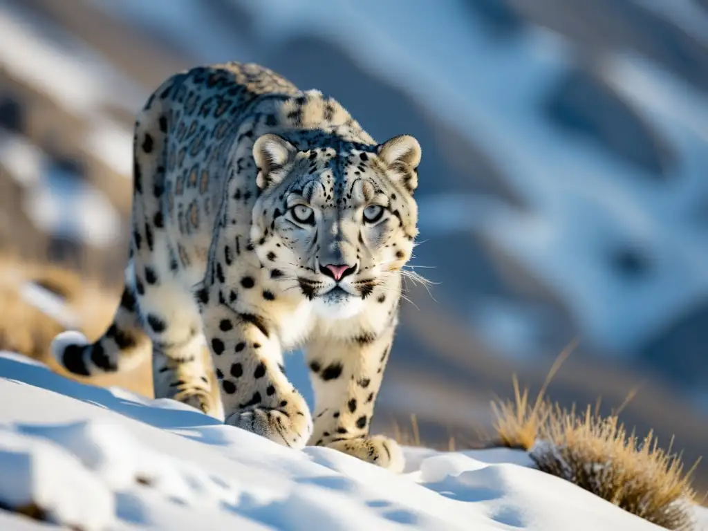 Leopardo de las nieves: Caza en la tundra ártica Un leopardo de las nieves acecha en un paisaje nevado, mostrando adaptaciones de reptiles al frío extremo con su mirada intensa y pelaje detallado