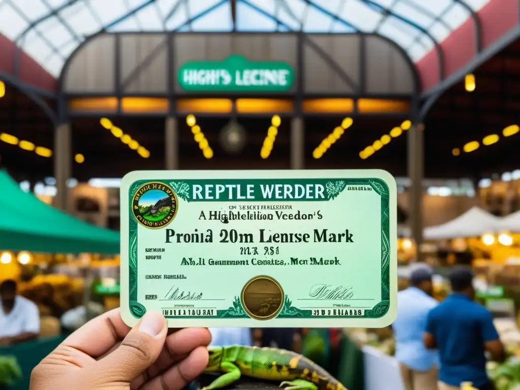 Licencia de vendedor de reptiles mostrada en concurrido mercado de reptiles