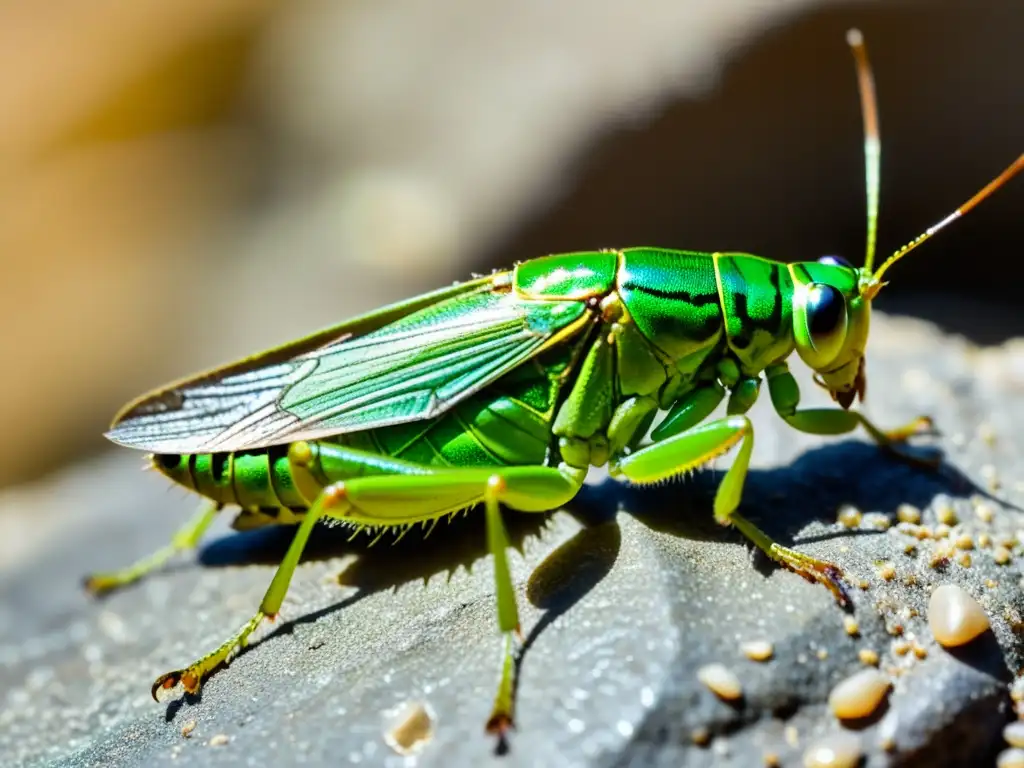 Locusta verde en primer plano sobre roca, con alas desplegadas, iluminada por el sol