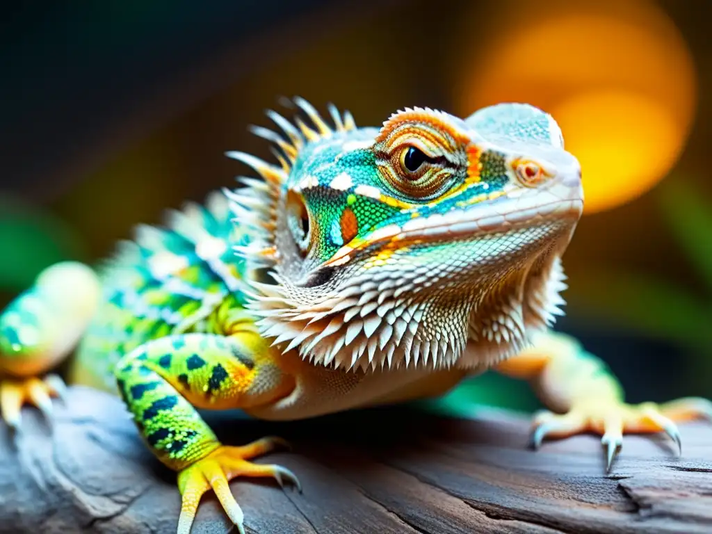 Un dragón barbudo posa bajo la luz UVB, resaltando sus escamas vibrantes y patrones en su piel