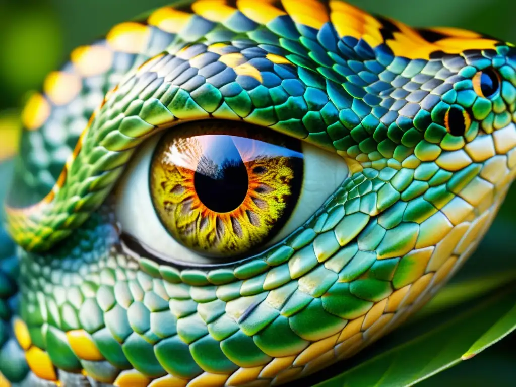 Macrofoto de un ojo de serpiente, detallando las escalas y colores vibrantes