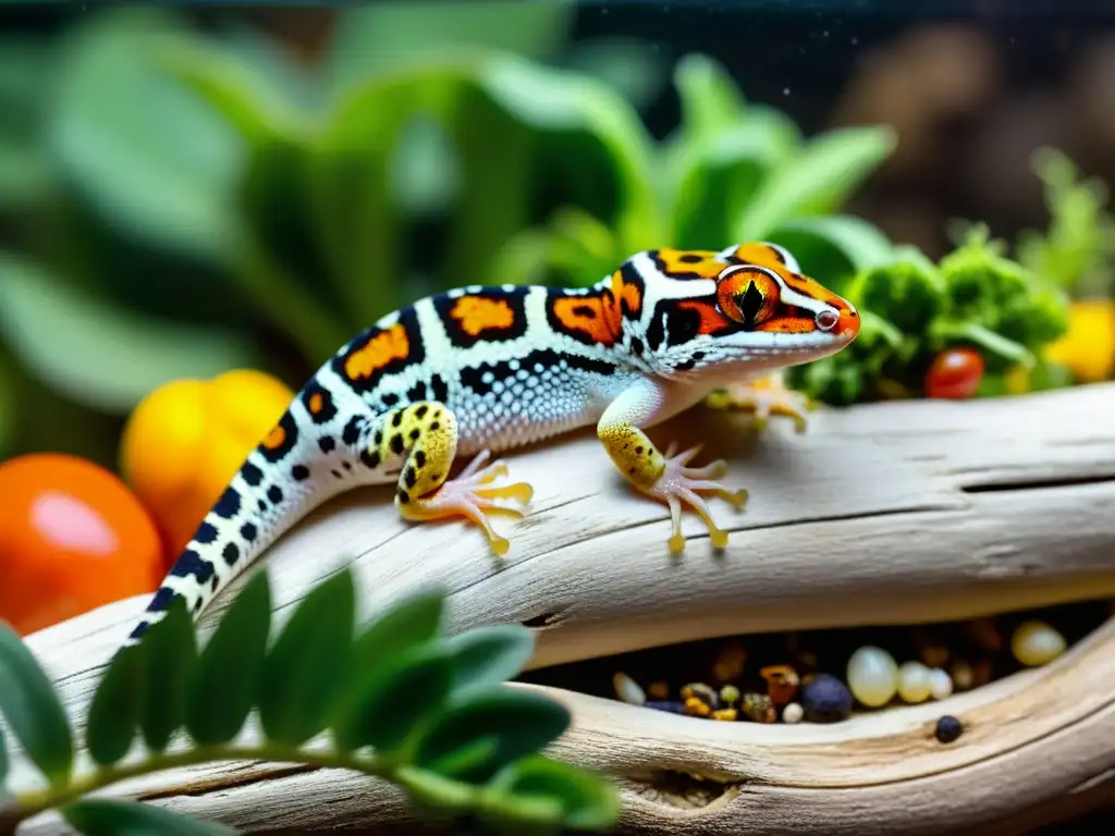 Una gecko leopardo descansa sobre madera a la luz de su terrario, rodeada de vegetales y insectos