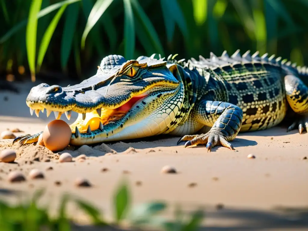 Una madre cocodrilo entierra cuidadosamente su nido de huevos en la orilla del río, mostrando estrategias de protección para sus crías reptiles