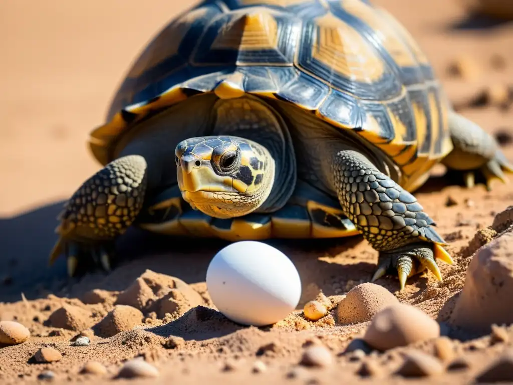 Una madre tortuga del desierto cuida con cariño su nido de huevos bajo el intenso sol