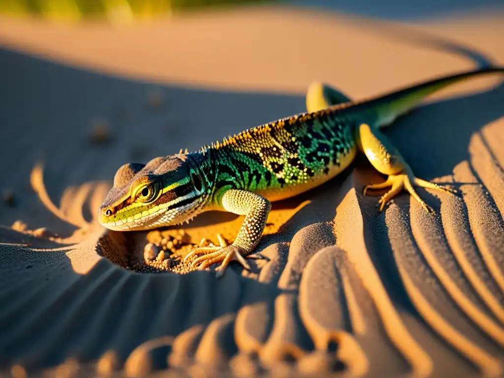 Una madre lagarto delicadamente excavando un hoyo en la arena al atardecer para poner sus huevos, capturando la belleza de los ciclos de vida lagartos