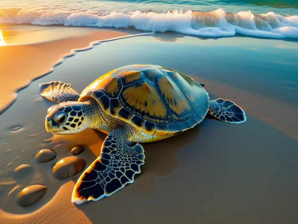 Una madre tortuga marina emerge del mar al amanecer en una playa prístina