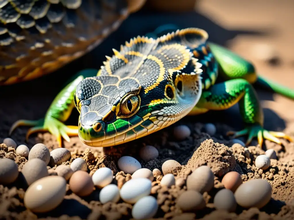 Madre reptil enterrando con cuidado sus huevos en un nido, mostrando estrategias de protección en la naturaleza