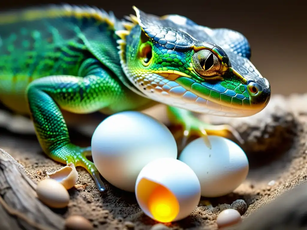 Madre reptil protegiendo huevos: cuidado maternal en reptiles Una madre reptil cuida con esmero su nido de huevos, destacando el cuidado neonatal en reptiles
