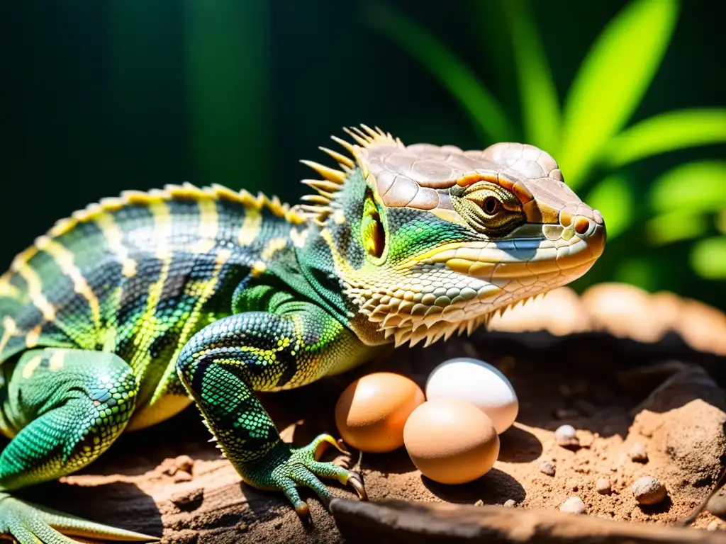 Una madre reptil cuida con esmero su nido de huevos en un entorno cautivo natural, irradiando maravilla y respeto por el proceso reproductivo