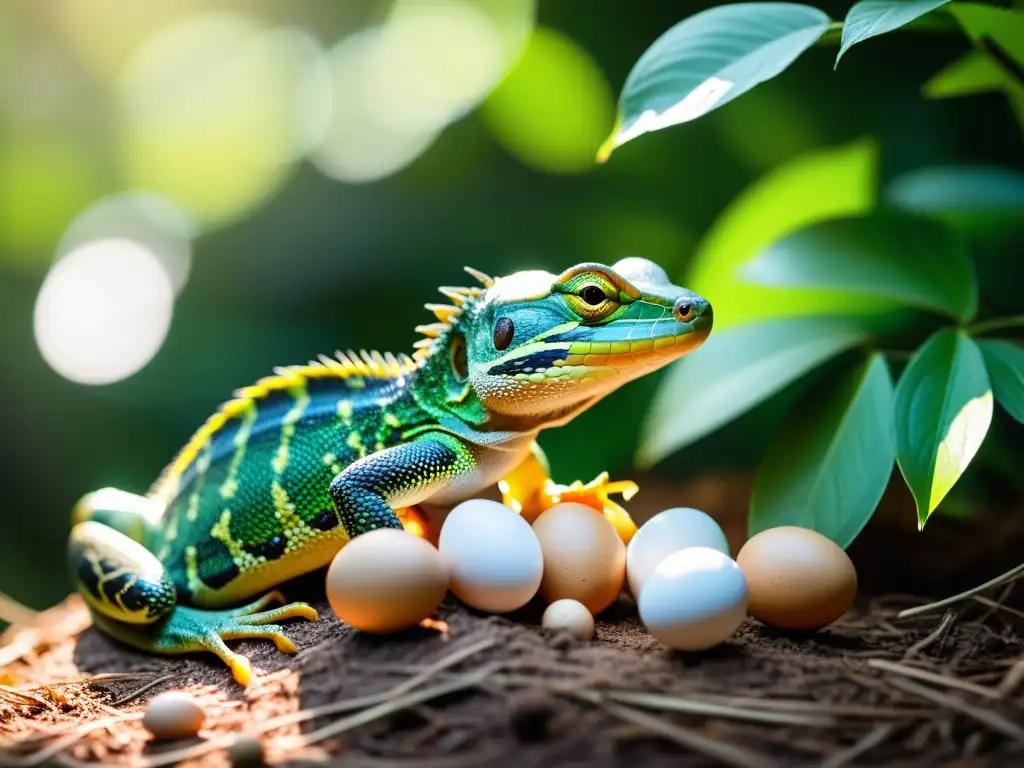 Una madre reptil cuida con esmero su nido de huevos en su hábitat natural, mostrando comportamientos parentales reptiles anfibios