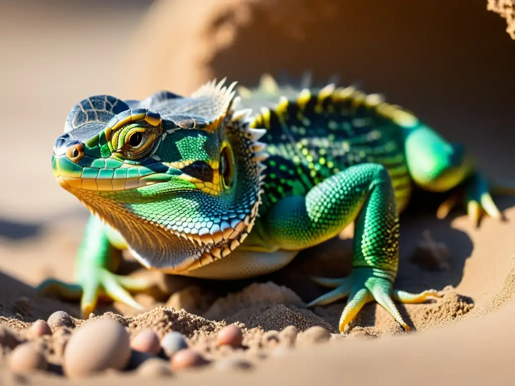 Una madre reptil entierra cuidadosamente sus huevos en la arena, destacando la importancia de las estrategias de protección de huevos en reptiles