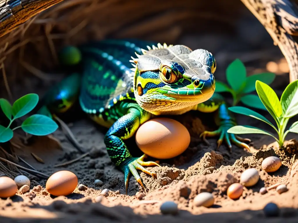 Una madre reptil cuidadosamente entierra sus huevos, mostrando estrategias de protección en la naturaleza