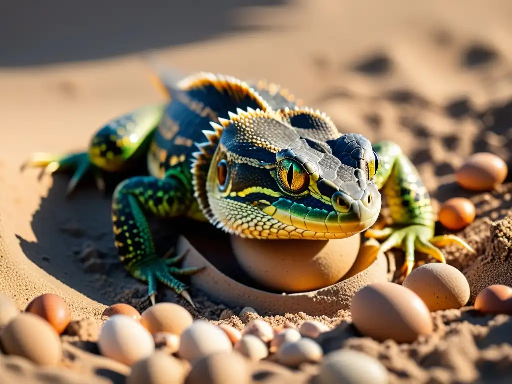 Una madre reptil cuidadosamente entierra sus huevos en un nido en la arena, mostrando técnicas secretas de nidificación en reptiles