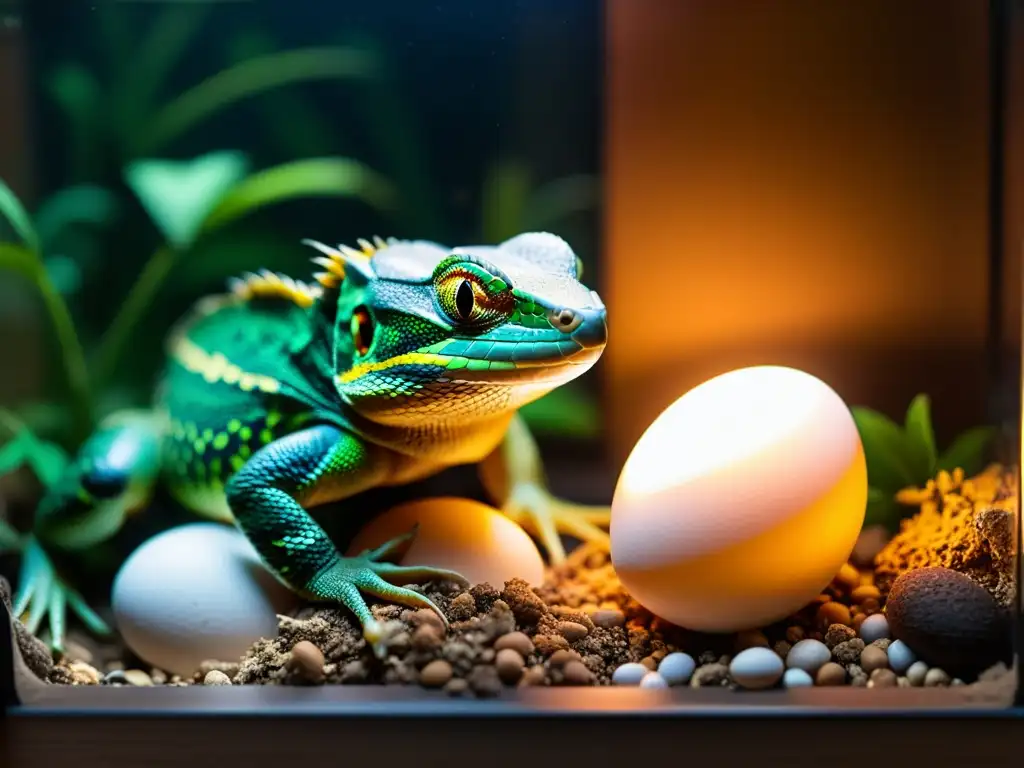 Madre reptil anidando con cuidado en terrario cálido Una madre reptil cuidadosamente anida sus huevos en un terrario cálido y tenue, creando un ambiente ideal para el cuidado neonatal en reptiles