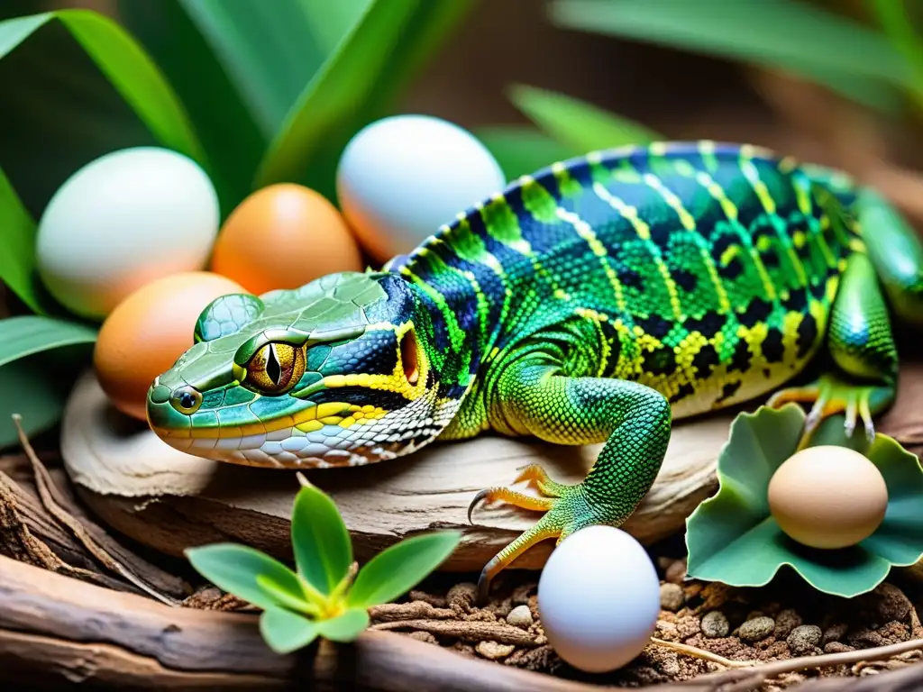 Una madre reptil protege su nido en su hábitat natural, mostrando comportamientos parentales reptiles anfibios