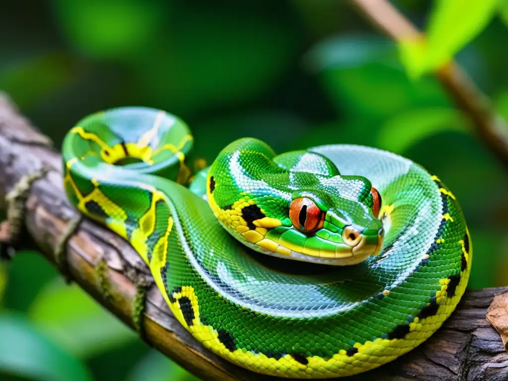 Un maestro depredador, la pitón verde, acecha con sigilo en la selva