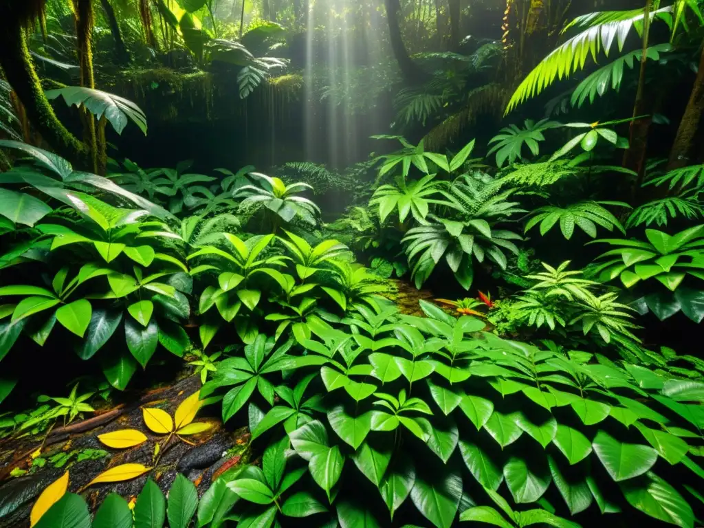 Un mágico y detallado retrato del exuberante suelo de un bosque tropical, hogar de una variedad de plantas verdes vibrantes y criaturas camufladas