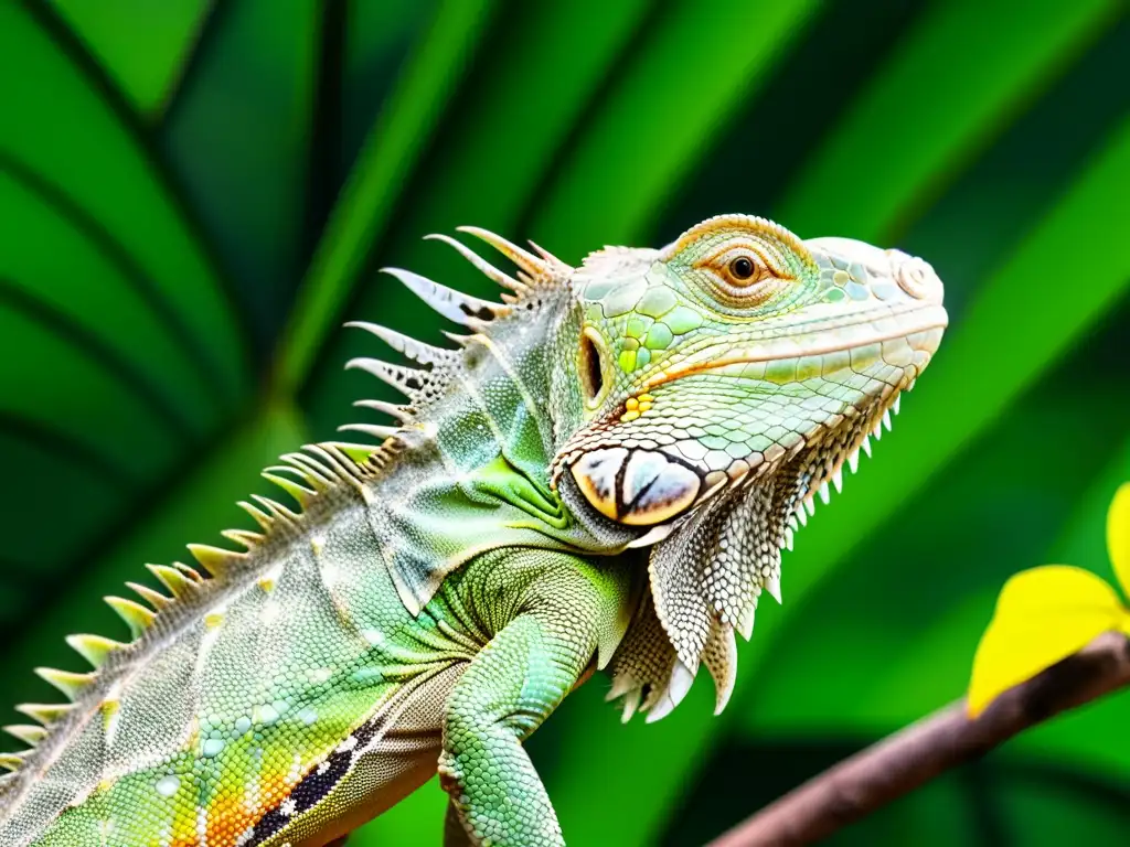 Un magnífico iguana verde se mimetiza entre la exuberante vegetación tropical, mostrando tácticas de supervivencia de reptiles exóticos