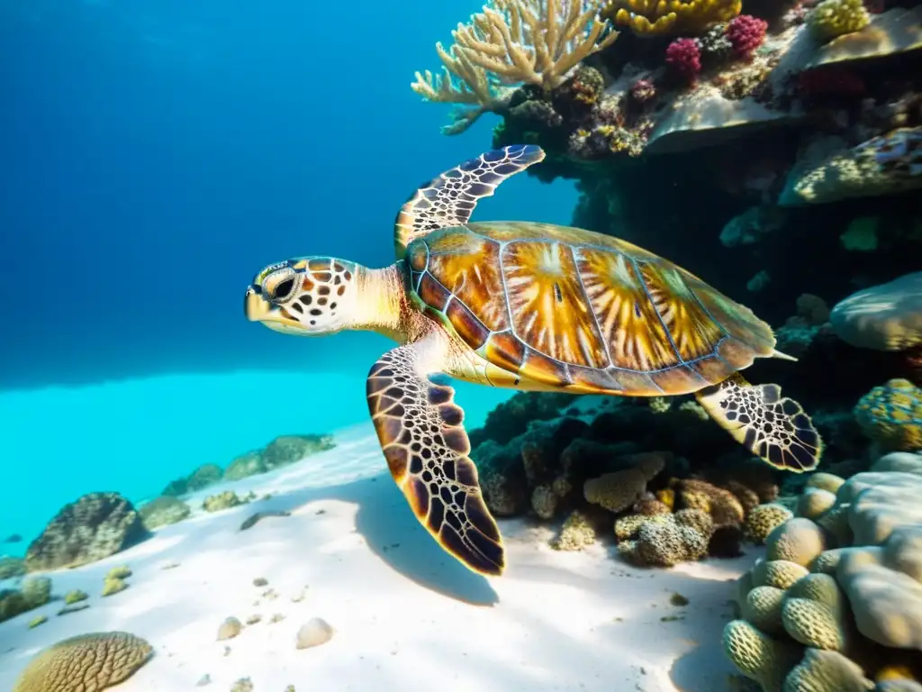 Una majestuosa tortuga carey nada entre arrecifes de coral, rodeada de vida marina colorida