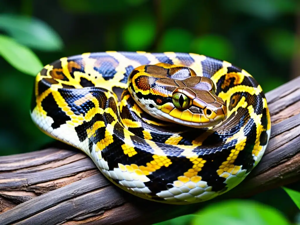 Una majestuosa pitón birmana en su entorno tropical, mostrando sus patrones y colores vibrantes