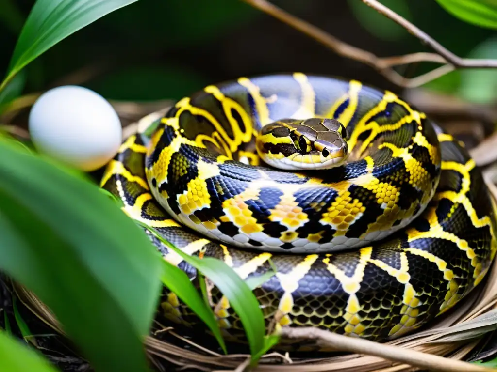 Una majestuosa pitón birmana protegiendo su nido en los Everglades de Florida, mostrando la intensa reproducción de especies invasoras reptiles