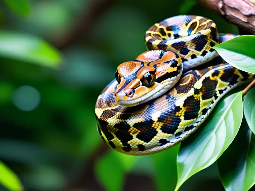 Una majestuosa boa constrictora enroscada en una rama, mostrando sus patrones y texturas mientras irradia calma y poder