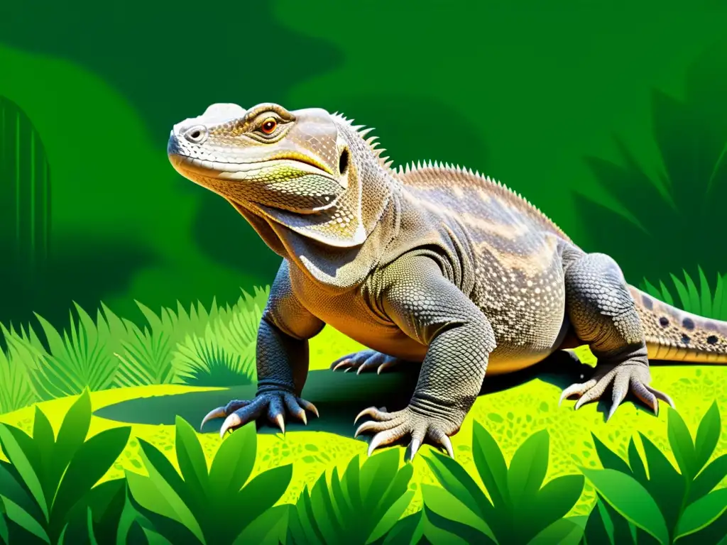 Una majestuosa ilustración detallada de un dragón de Komodo en un exuberante entorno selvático, capturando su esencia regia