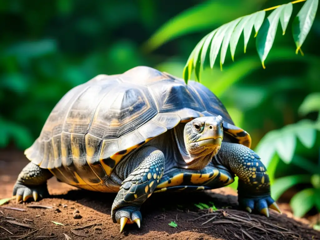 Una majestuosa tortuga gigante de Galápagos se desplaza lentamente entre exuberante vegetación, mostrando la belleza de su conservación