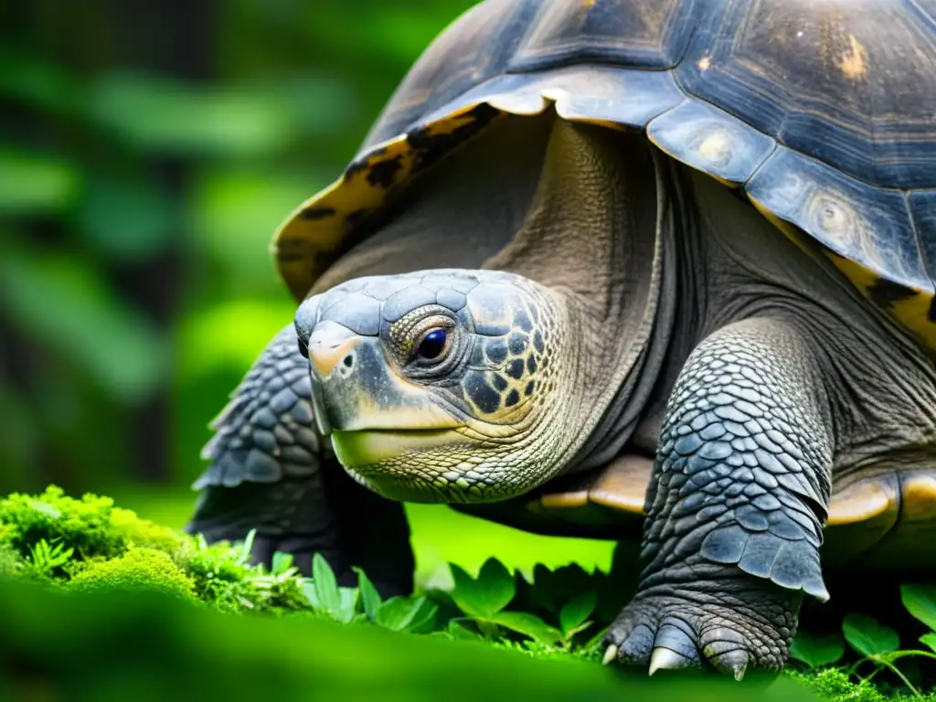 Una majestuosa tortuga gigante de Galápagos, en un exuberante bosque, refleja la lucha por la supervivencia en su hábitat amenazado