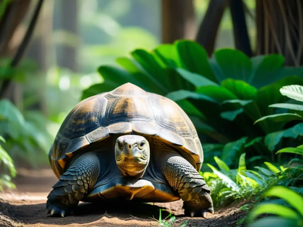 Una majestuosa tortuga gigante de Galápagos avanza lentamente entre la exuberante vegetación, mostrando los ciclos de vida reptiles longevos en su impresionante caparazón