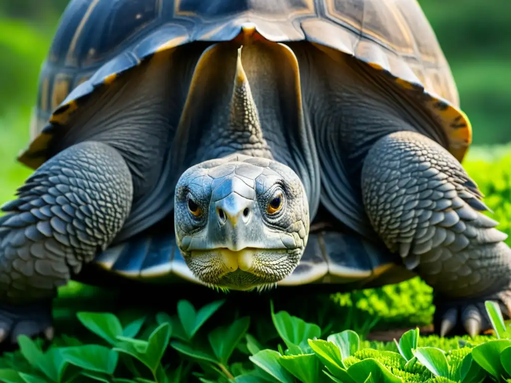 Una majestuosa tortuga gigante de Galápagos en su hábitat natural, reflejando su resistente y digna apariencia