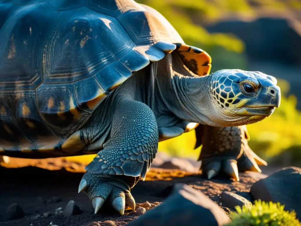 Una majestuosa tortuga gigante de Galápagos recorriendo un terreno rocoso bajo el sol, enfrentando retos para reptiles en islas volcánicas