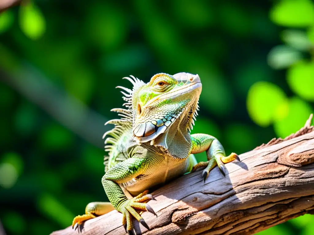 Una majestuosa iguana verde, detallada y cautivadora, se encuentra en su hábitat natural entre frondosa vegetación