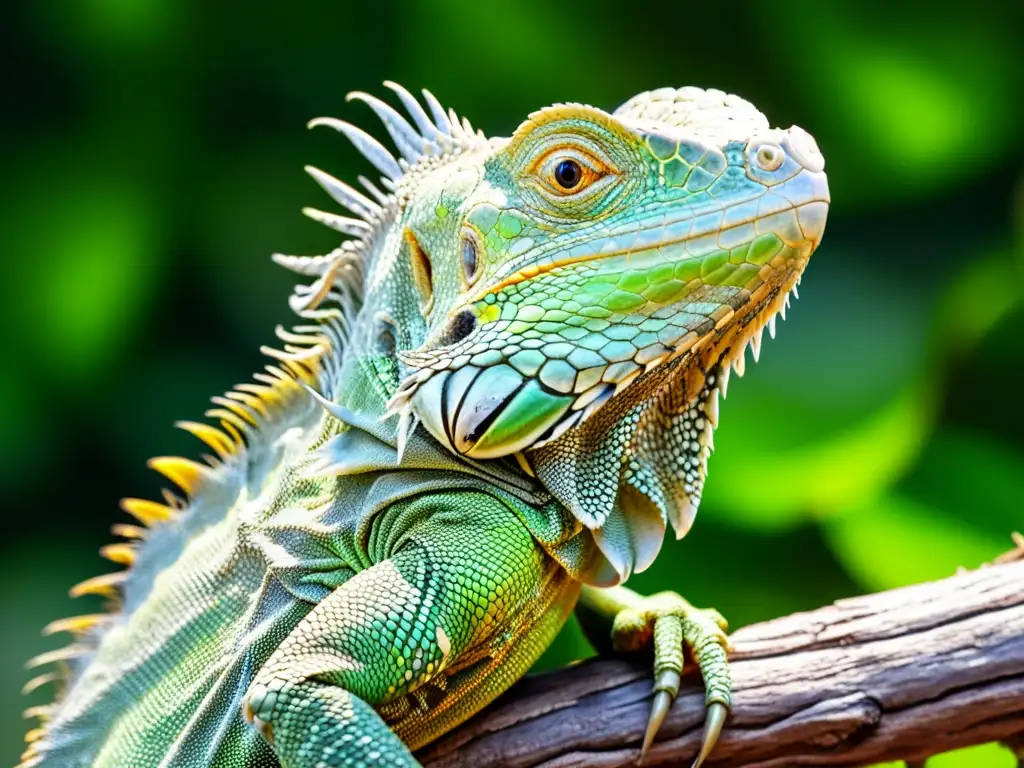 Una majestuosa iguana verde en su hábitat natural, con escamas detalladas y mirada alerta