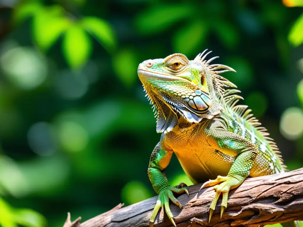 Una majestuosa iguana verde descansa en una rama, rodeada de exuberante vegetación