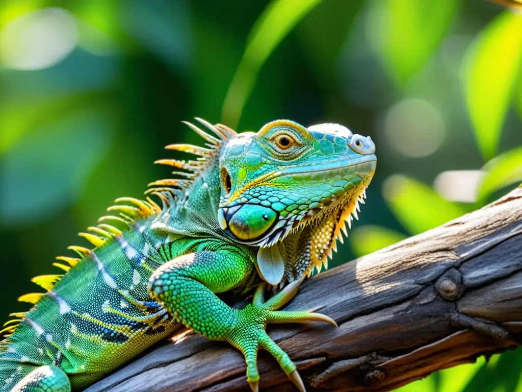 Una majestuosa iguana verde reposa en una rama, con la luz del sol filtrándose entre las hojas