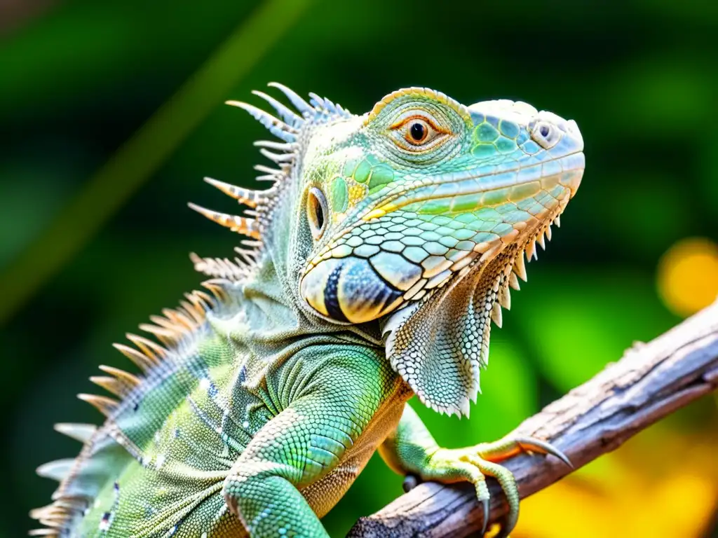 Una majestuosa iguana verde reposa en una rama, bañada por la luz del sol entre las hojas