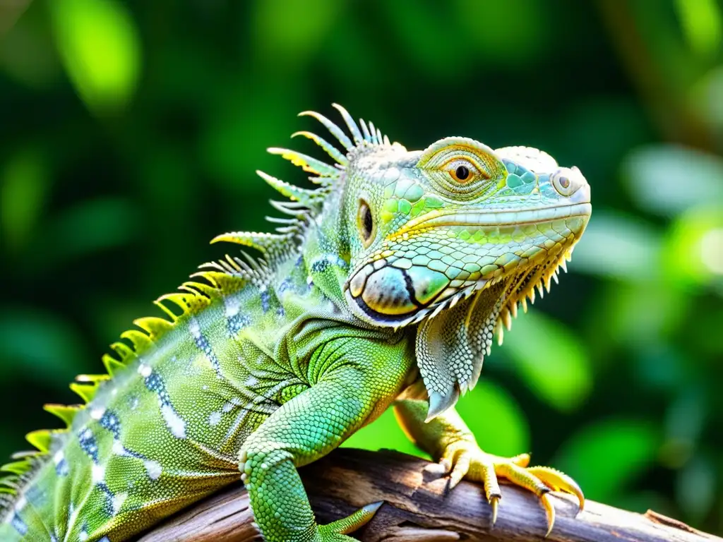 Una majestuosa iguana verde en la selva, con escamas detalladas y ojos brillantes