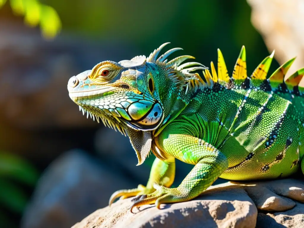 Una majestuosa iguana verde tomando el sol en un peñasco, sus escamas brillantes y su mirada salvaje transmiten vitalidad