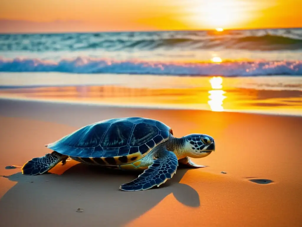 Una majestuosa tortuga marina en la playa al atardecer, destacando su vulnerabilidad frente a depredadores naturales de tortugas