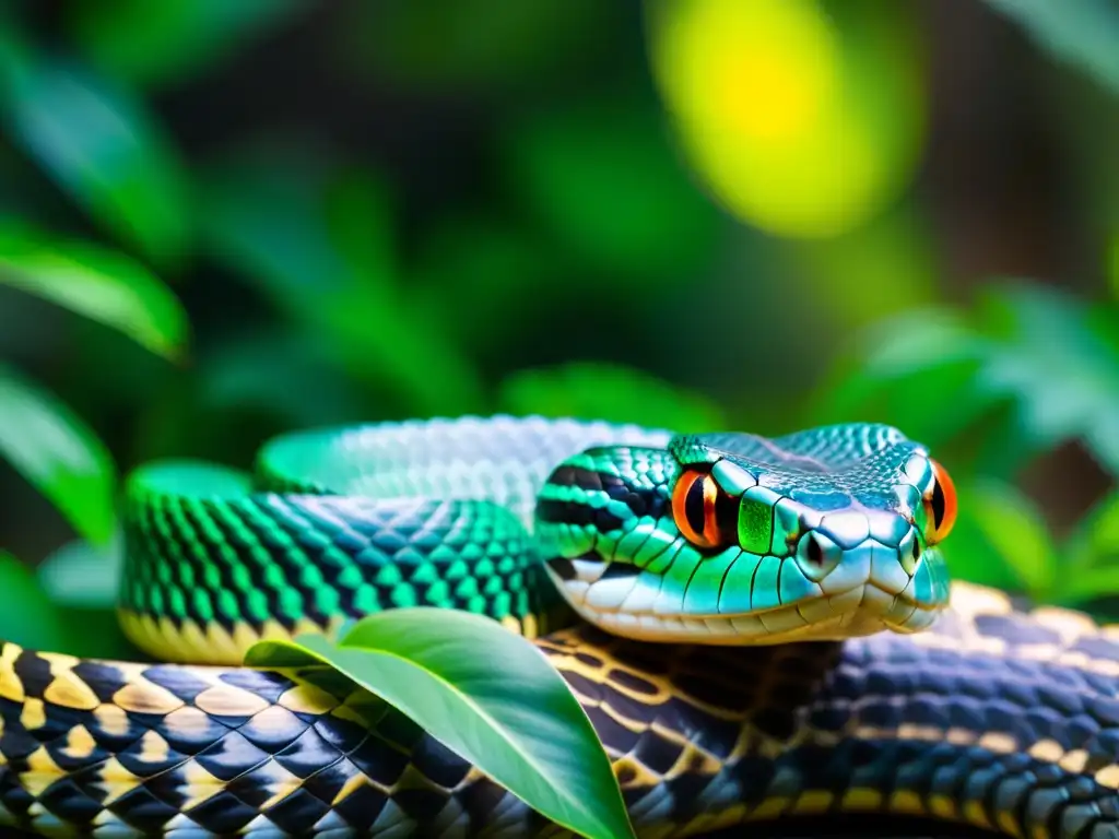 Una majestuosa cobra real serpenteando entre la exuberante vegetación de la selva tropical