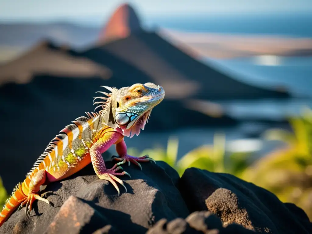 Una majestuosa iguana rosada de Galápagos, con escamas vibrantes, se posa sobre una roca volcánica, observando su entorno con expresión regia