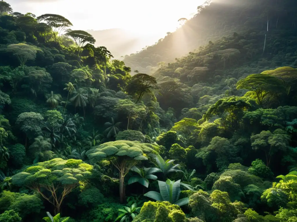 Majestuosa selva africana, densa y exuberante, con árboles imponentes, lianas entrelazadas y diversa vegetación