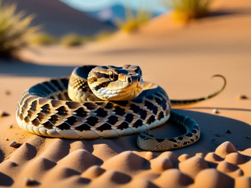 Una majestuosa serpiente de cascabel reposa en la arena del desierto, sus escamas brillan bajo el sol mientras saborea el aire