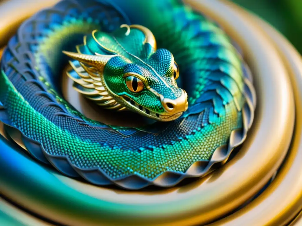 Una majestuosa serpiente de Midgard, con escamas iridiscentes en tonos azules, verdes y plateados, y ojos dorados que emanan sabiduría ancestral