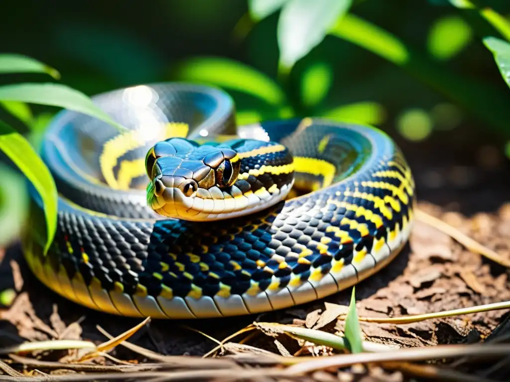 Majestuosa serpiente venenosa deslizándose entre la maleza, con sus escamas brillantes bajo el sol