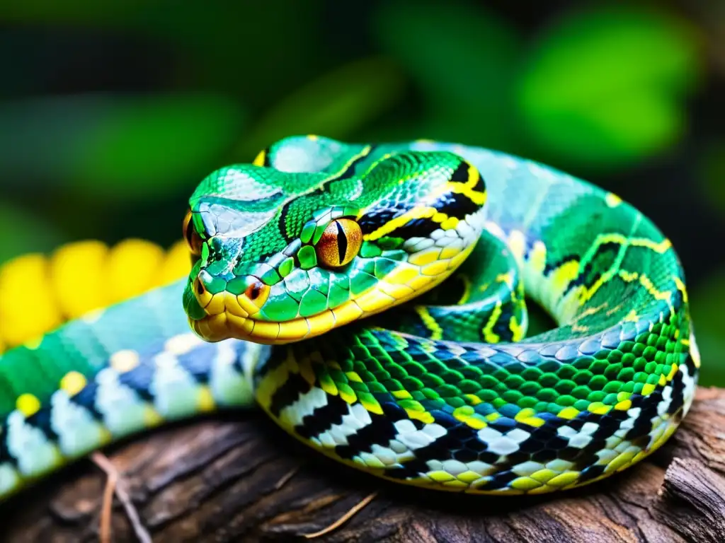 Una majestuosa serpiente verde pitón se enrosca en una rama en la densa selva