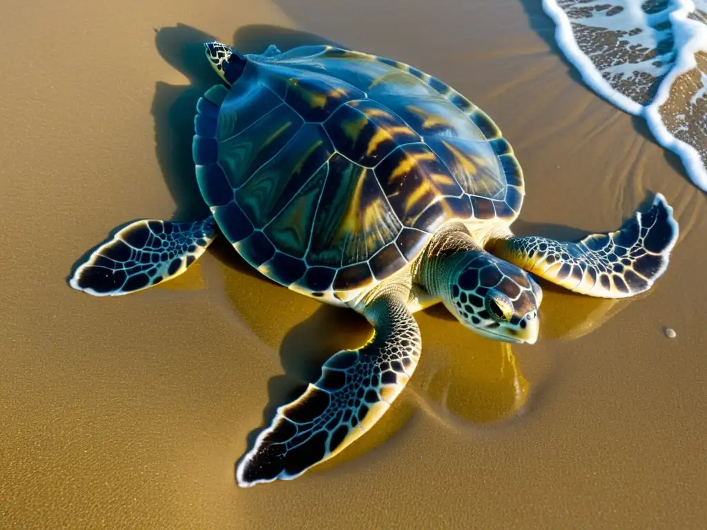 Una majestuosa tortuga de espalda plana emerge del océano en una playa arenosa