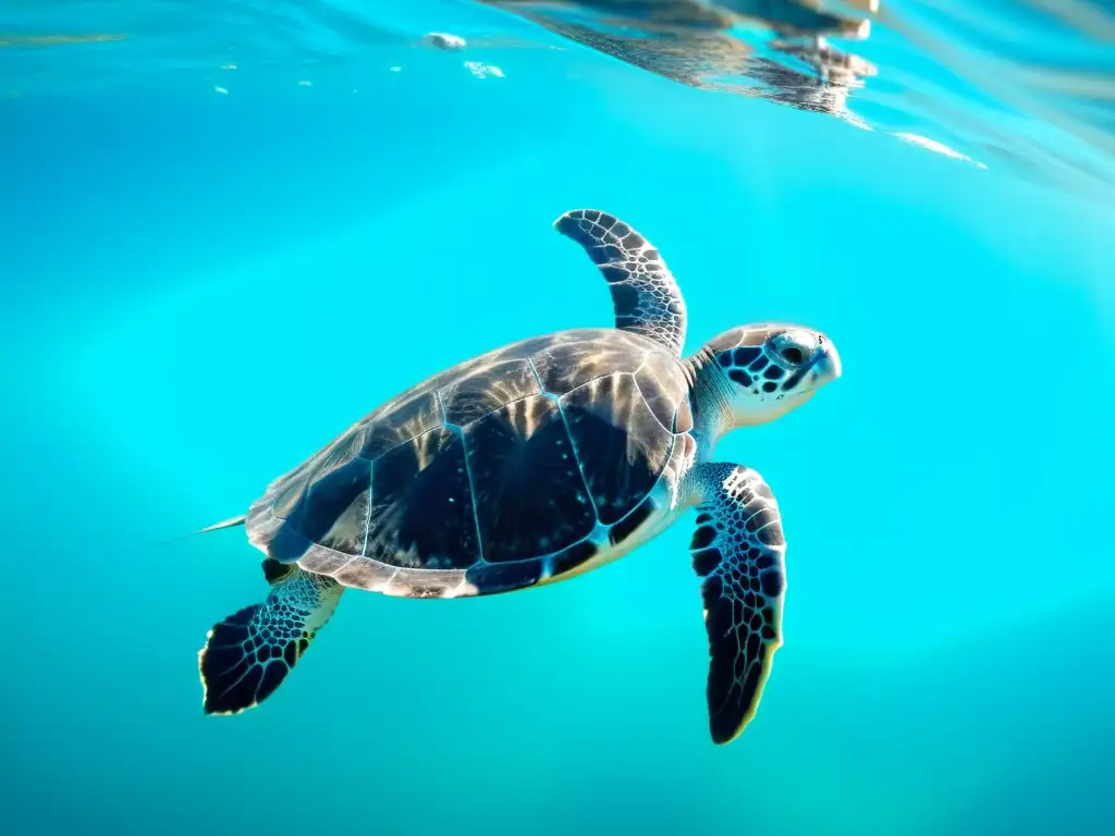 Una majestuosa tortuga laúd nada grácilmente entre aguas turquesa, mostrando sus texturas únicas