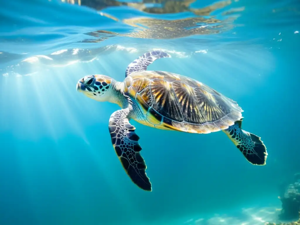 Una majestuosa tortuga laúd nada entre peces en aguas cristalinas, mostrando sus patrones y texturas únicas